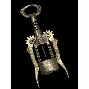 Vtg Pewter Bottle Opener Ornate Wing Corkscrew Double Lever Vineyard Design 7"